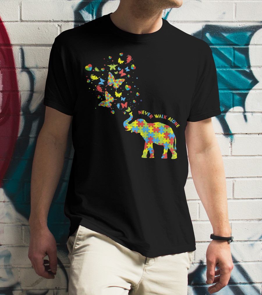 Elephants And Butterflies Autism Awareness Never Walk Alone T-Shirt