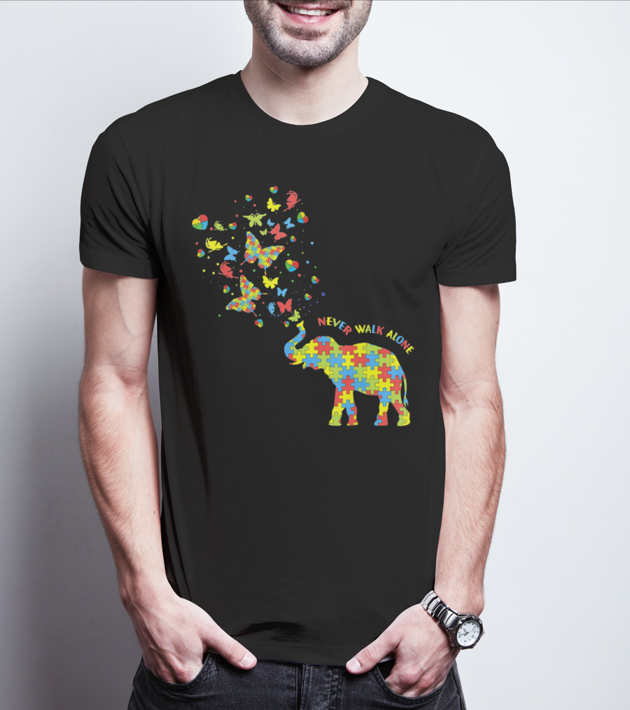 Elephants And Butterflies Autism Awareness Never Walk Alone T-Shirt