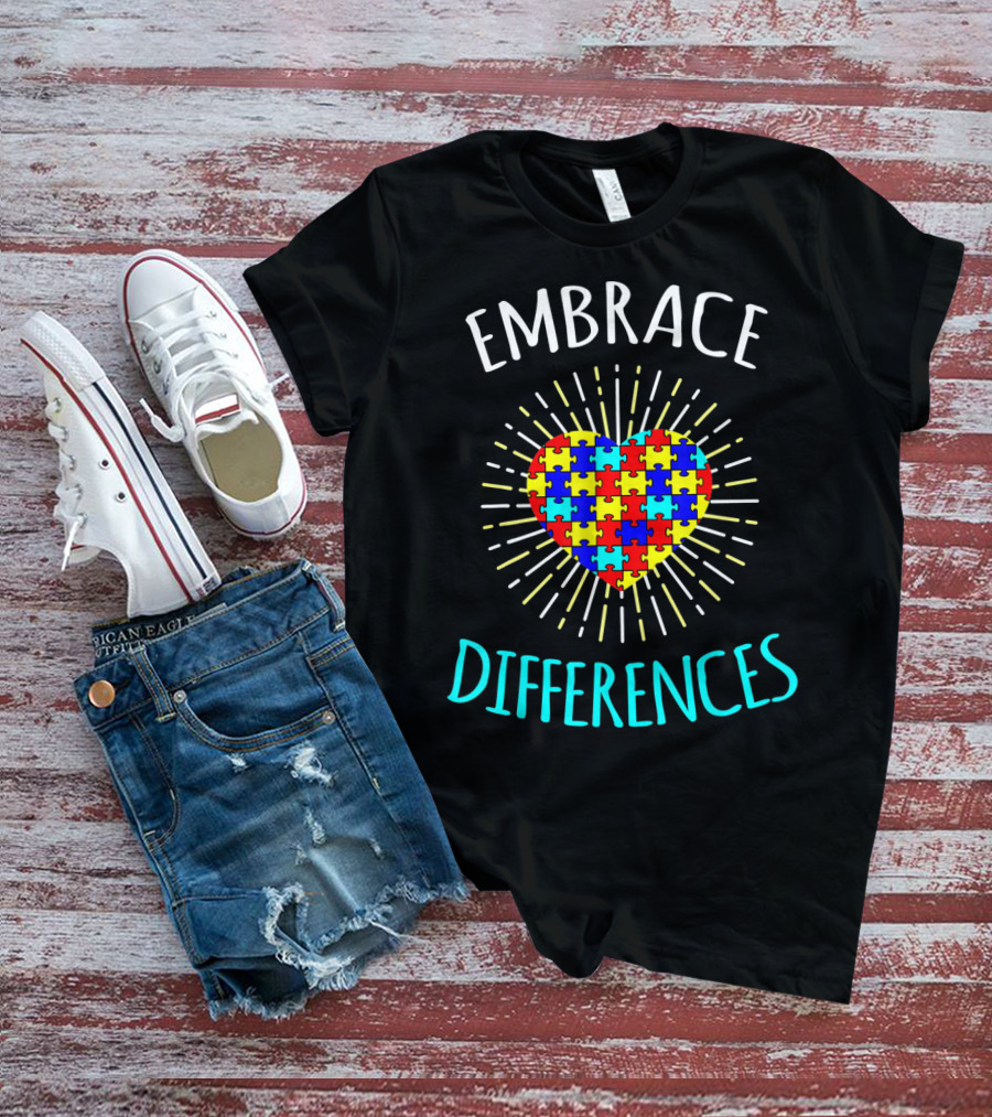 Embrace Differences Autism Awareness Puzzle Heart Rib T-Shirt