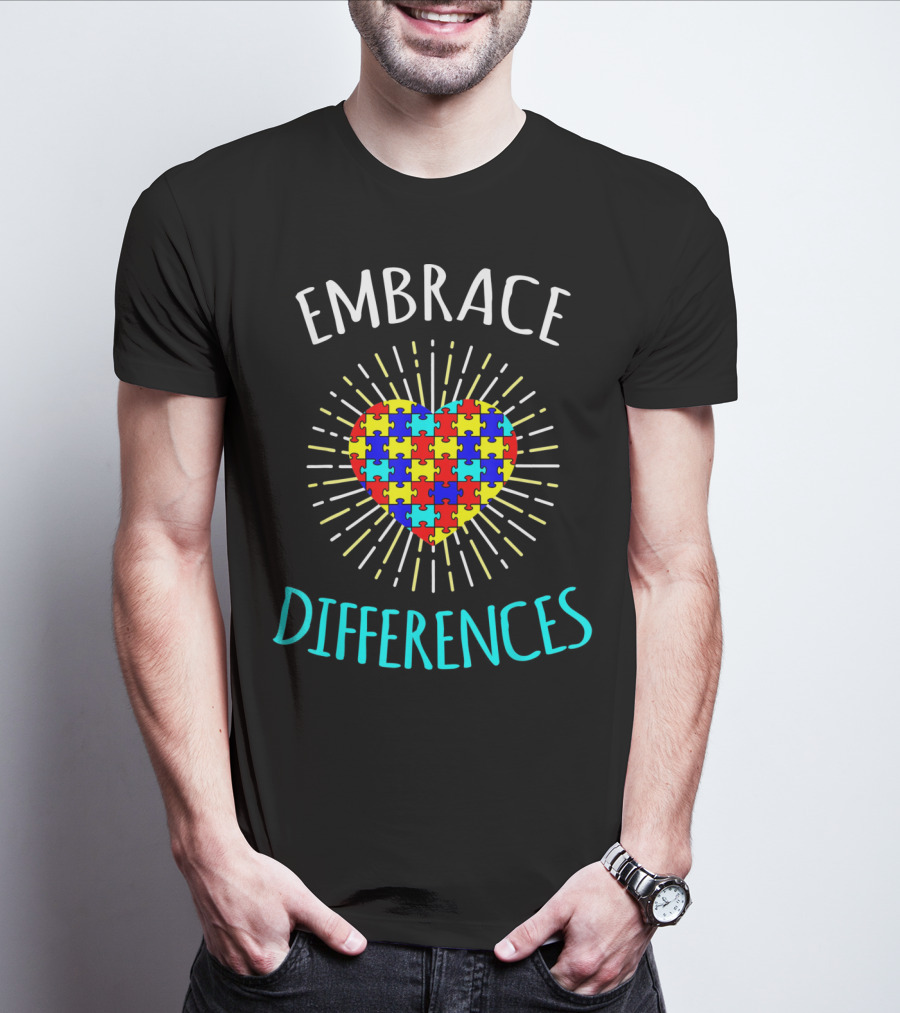 Embrace Differences Autism Awareness Puzzle Heart Rib T-Shirt