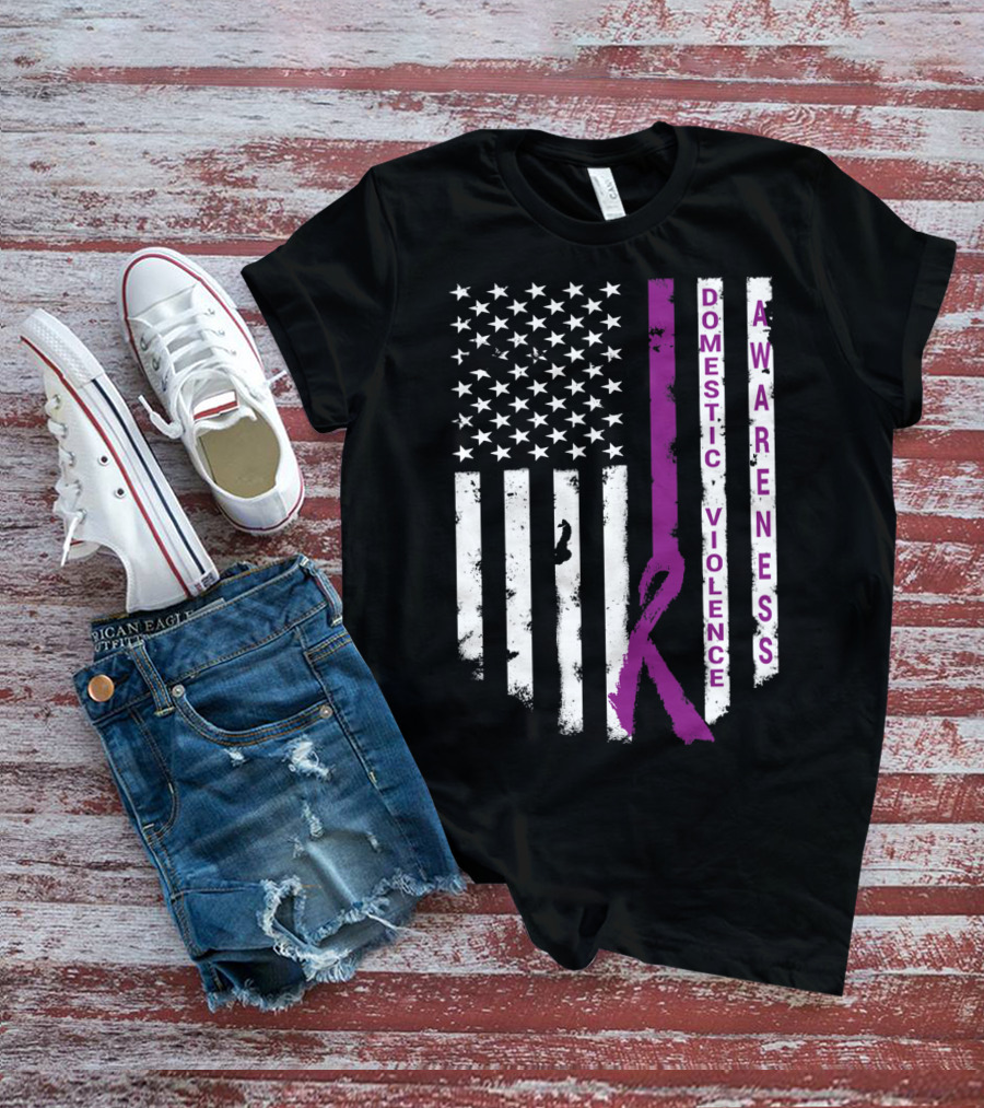 Domestic Violence Awareness Purple Ribbon American Flag T-Shirt