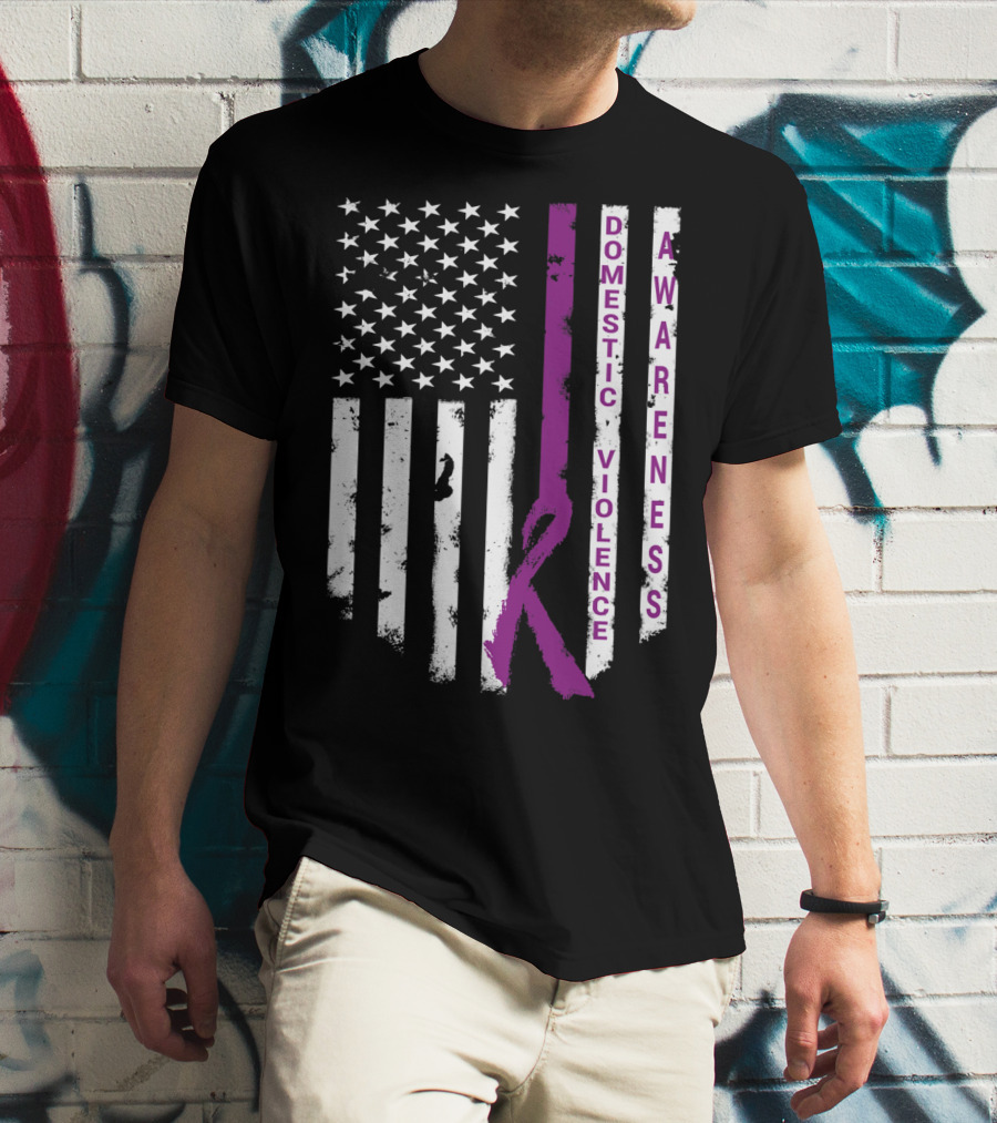 Domestic Violence Awareness Purple Ribbon American Flag T-Shirt