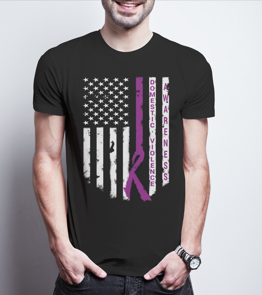 Domestic Violence Awareness Purple Ribbon American Flag T-Shirt