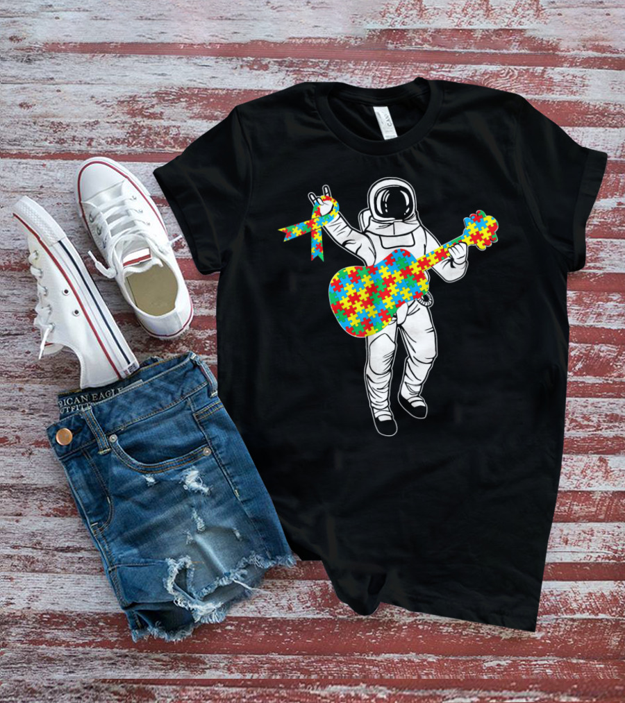 Astronaut Playing Guitar Autism Awareness Puzzle Ribbon Space T-Shirt
