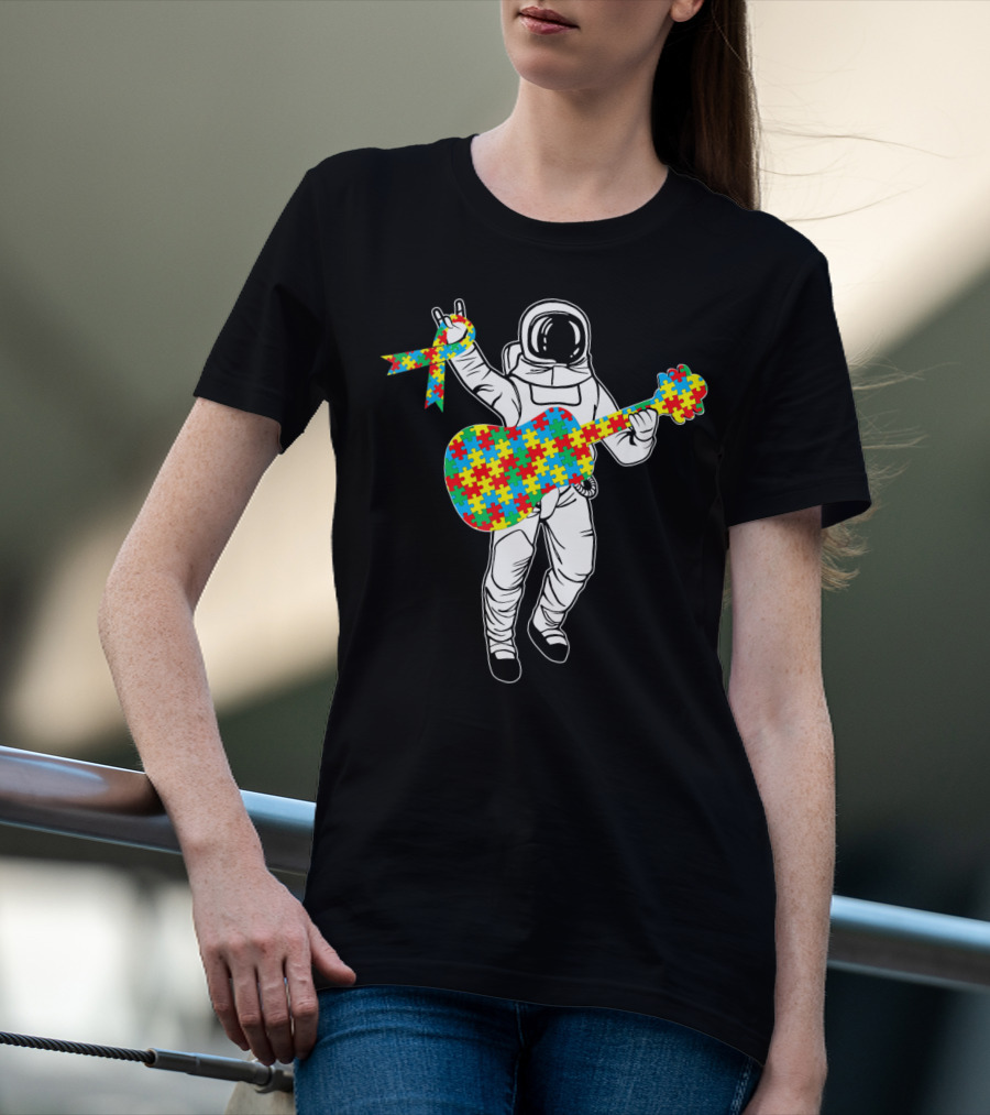 Astronaut Playing Guitar Autism Awareness Puzzle Ribbon Space T-Shirt