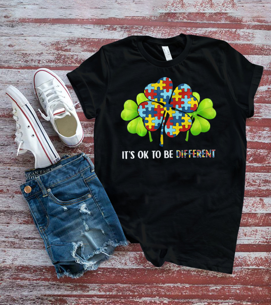 It's OK To Be Different Shamrock Autism Puzzle Piece T-Shirt