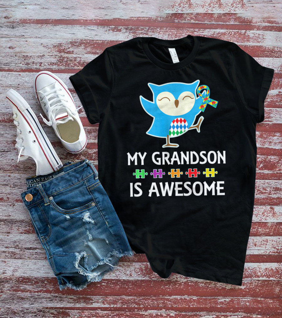 Autism Awareness My Grandson Is Awesome Owl Puzzle T-Shirt