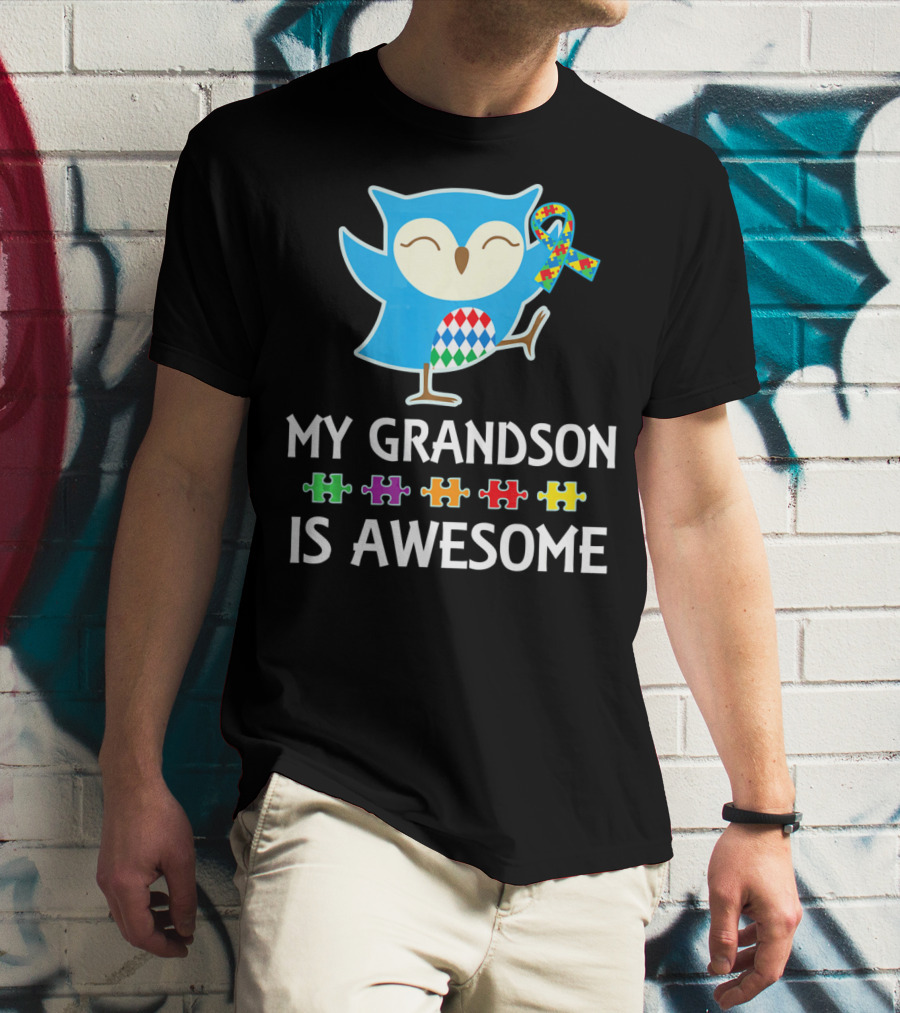 Autism Awareness My Grandson Is Awesome Owl Puzzle T-Shirt