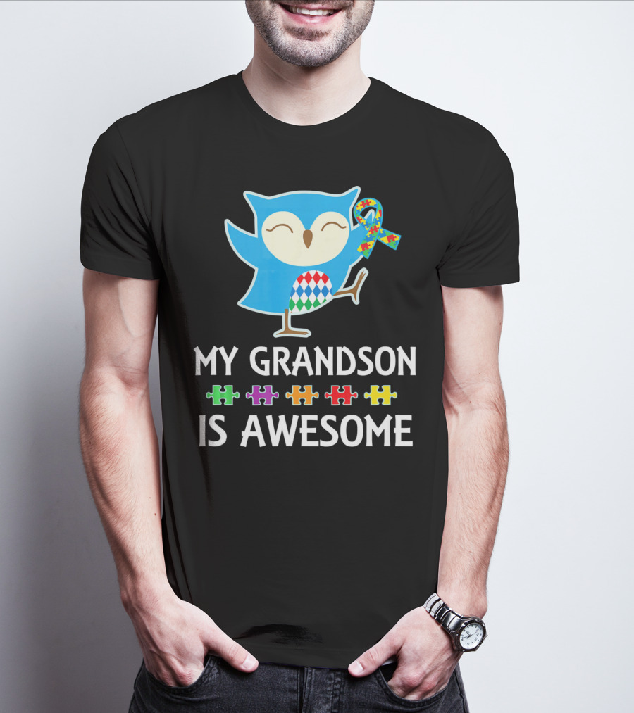 Autism Awareness My Grandson Is Awesome Owl Puzzle T-Shirt
