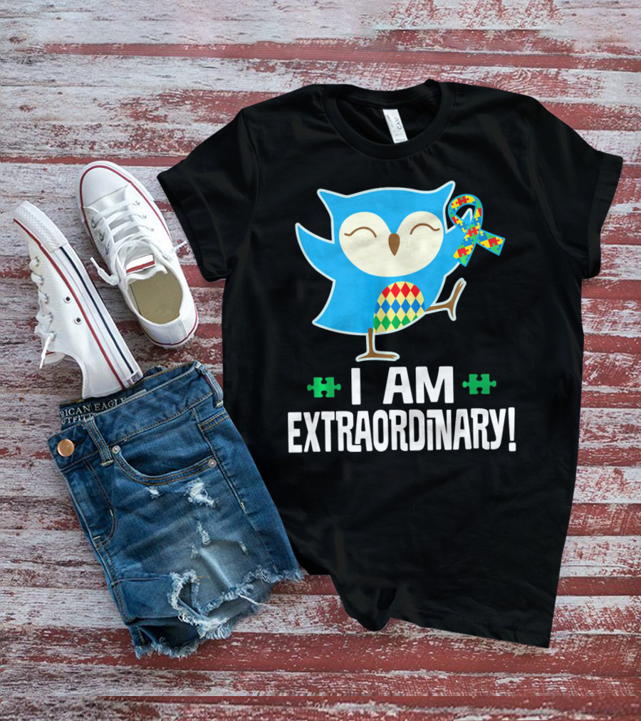 I Am Extraordinary Autism Awareness Autistic Spectrum Disor Puzzle Ribbon Owl T-Shirt