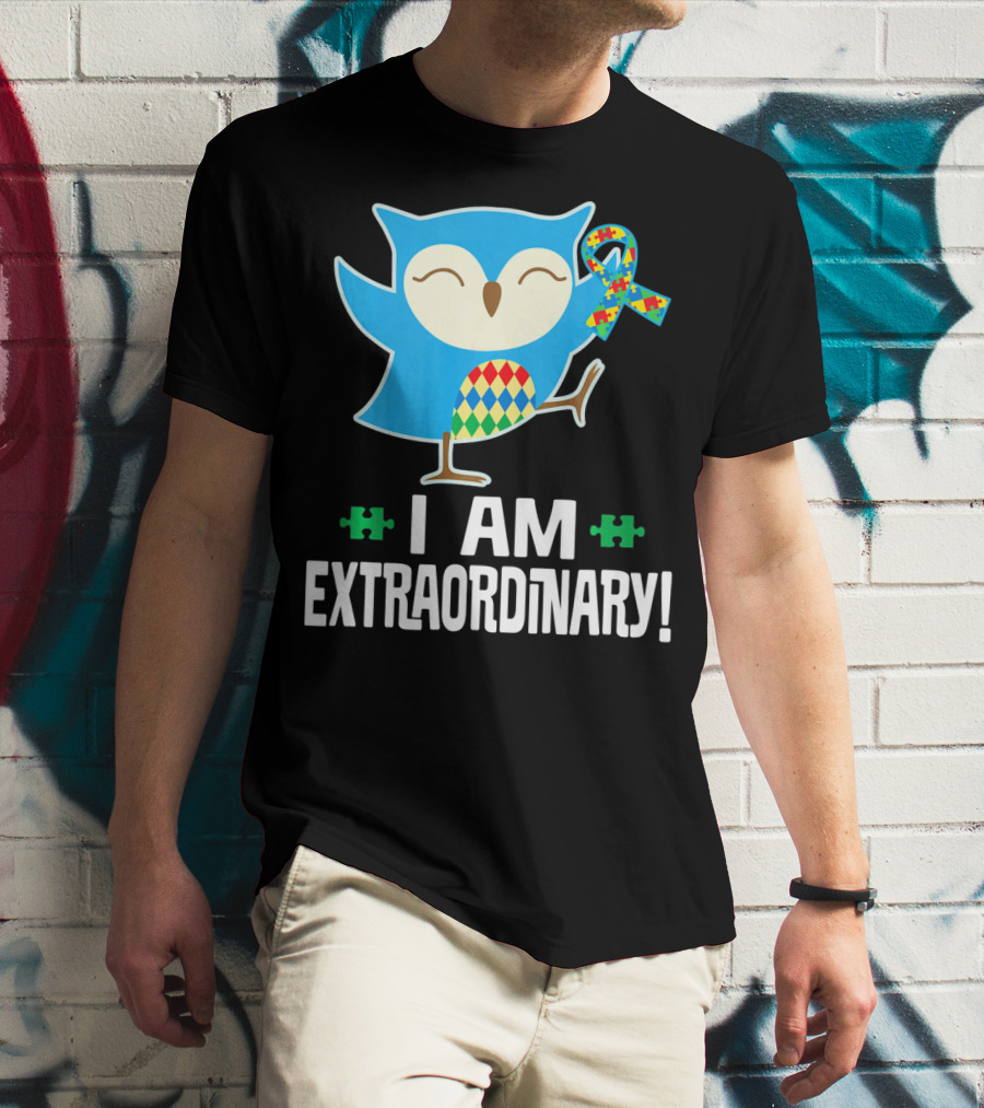 I Am Extraordinary Autism Awareness Autistic Spectrum Disor Puzzle Ribbon Owl T-Shirt
