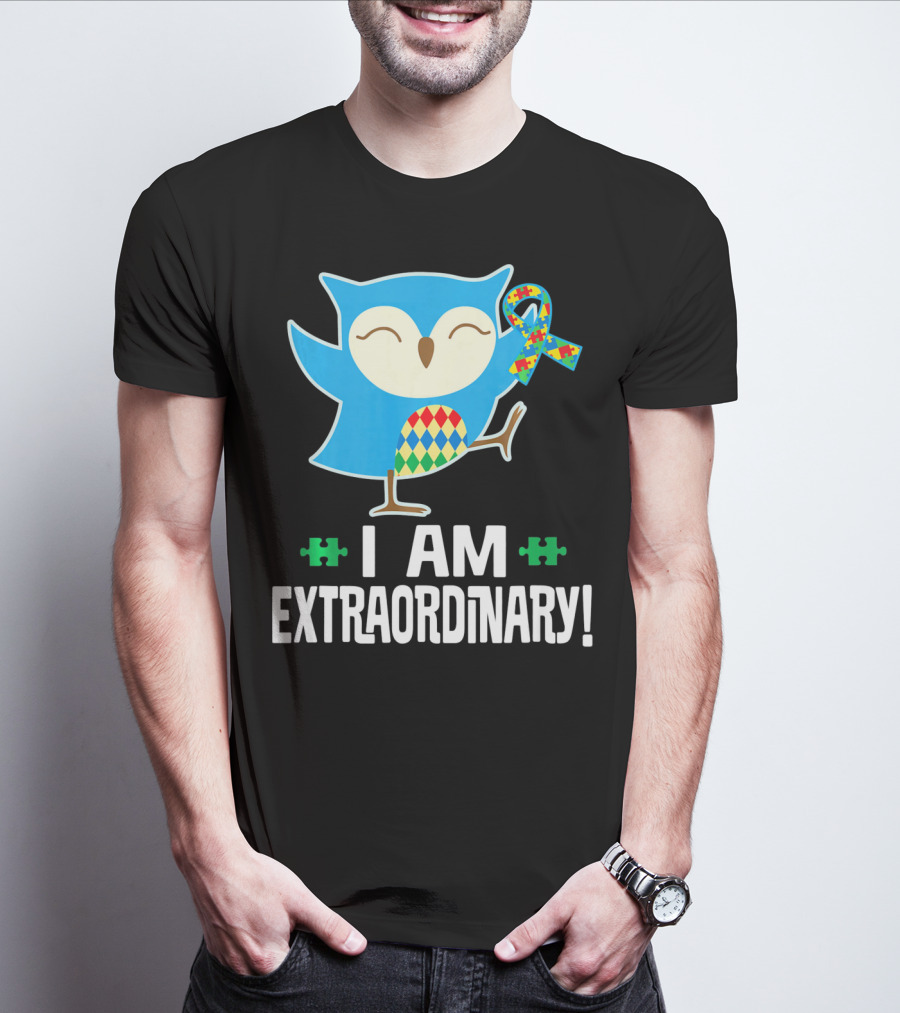 I Am Extraordinary Autism Awareness Autistic Spectrum Disor Puzzle Ribbon Owl T-Shirt
