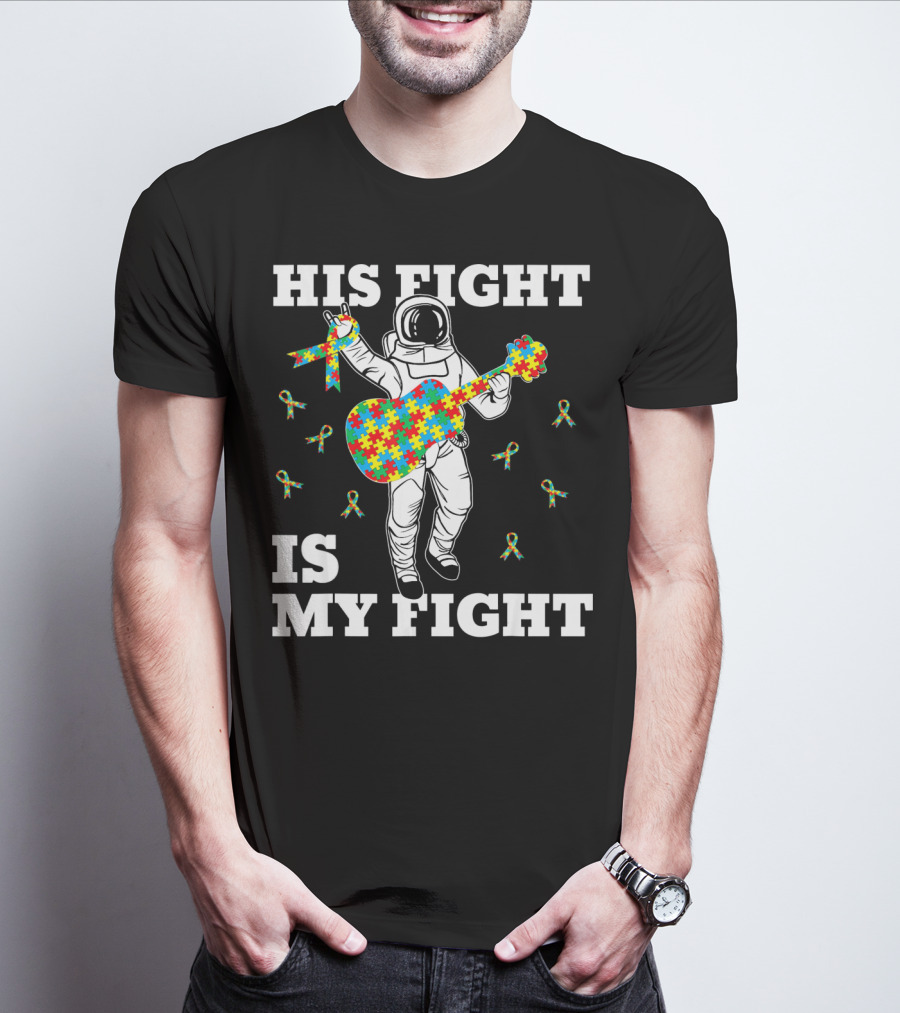 His Fight Is My Fight Autism Awareness Astronaut With Puzzle Guitar T-Shirt