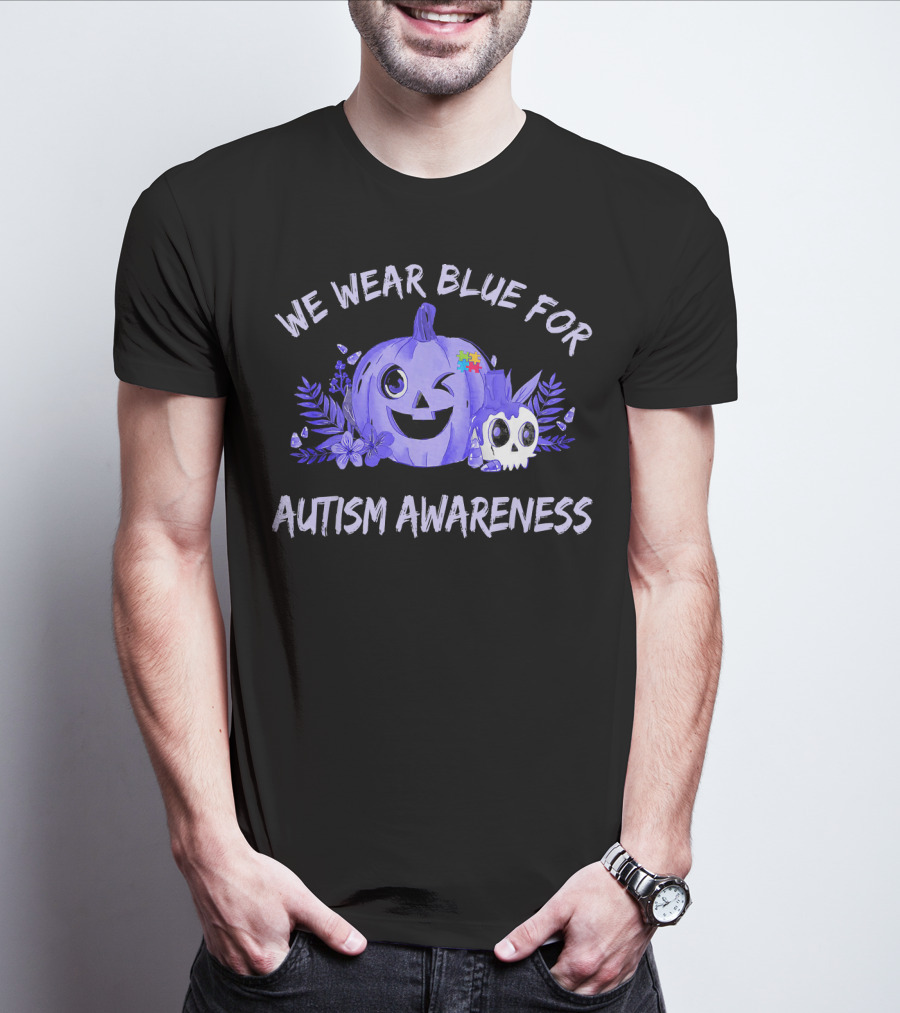 We Wear Blue For Autism Awareness Pumpkin Winking Face T-Shirt