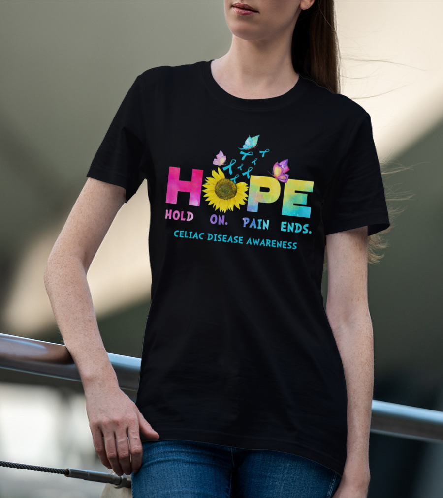 HOPE Hold On Pain Ends Celiac Disease Awareness Ribbon Sunflower Butterfly T-Shirt