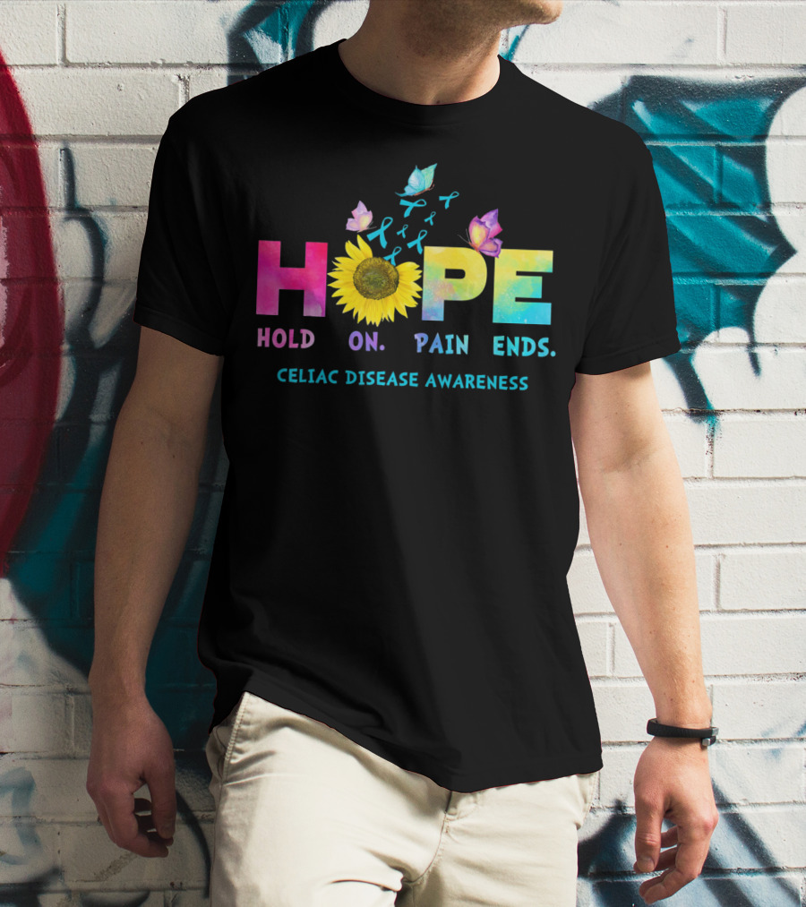 HOPE Hold On Pain Ends Celiac Disease Awareness Ribbon Sunflower Butterfly T-Shirt