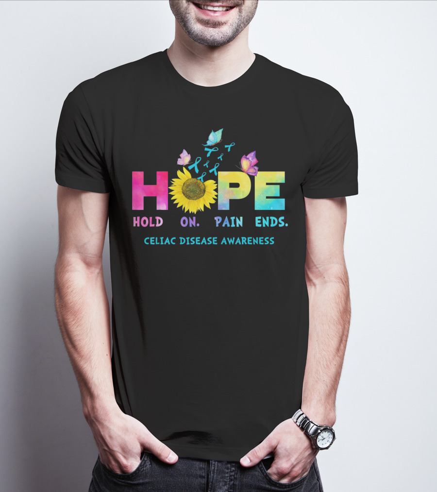 HOPE Hold On Pain Ends Celiac Disease Awareness Ribbon Sunflower Butterfly T-Shirt