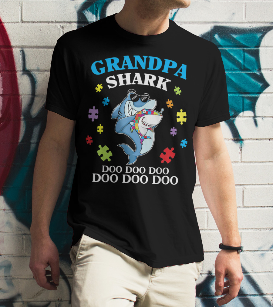 Grandpa Shark Doo Doo Doo Doo Funny Autism Puzzle Pieces T-Shirt