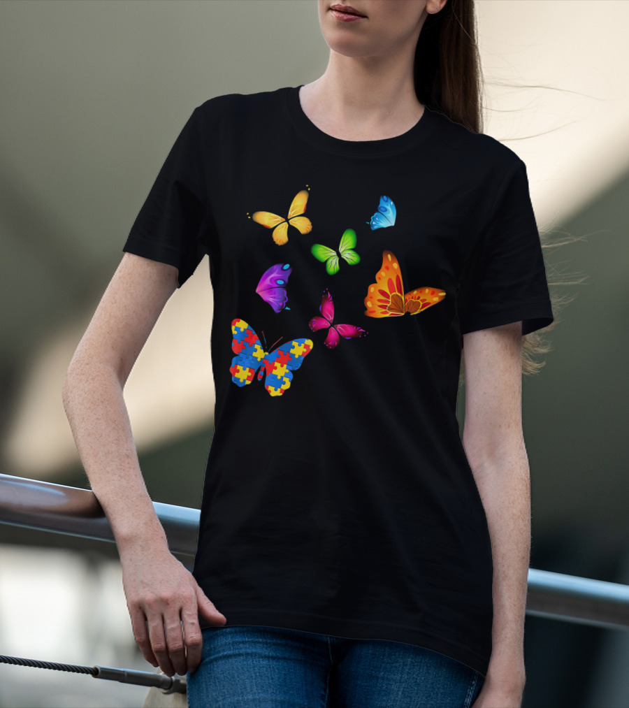 Autism Awareness Butterfly With Multicolored Puzzle T-Shirt