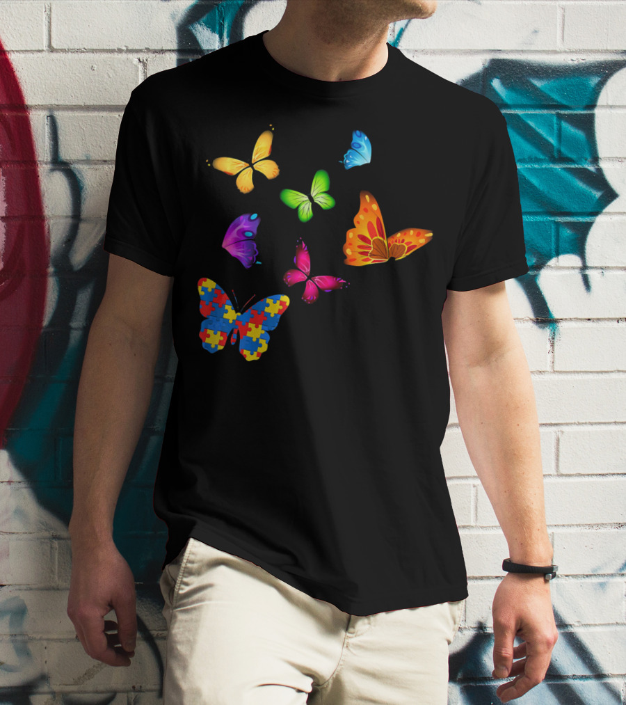 Autism Awareness Butterfly With Multicolored Puzzle T-Shirt