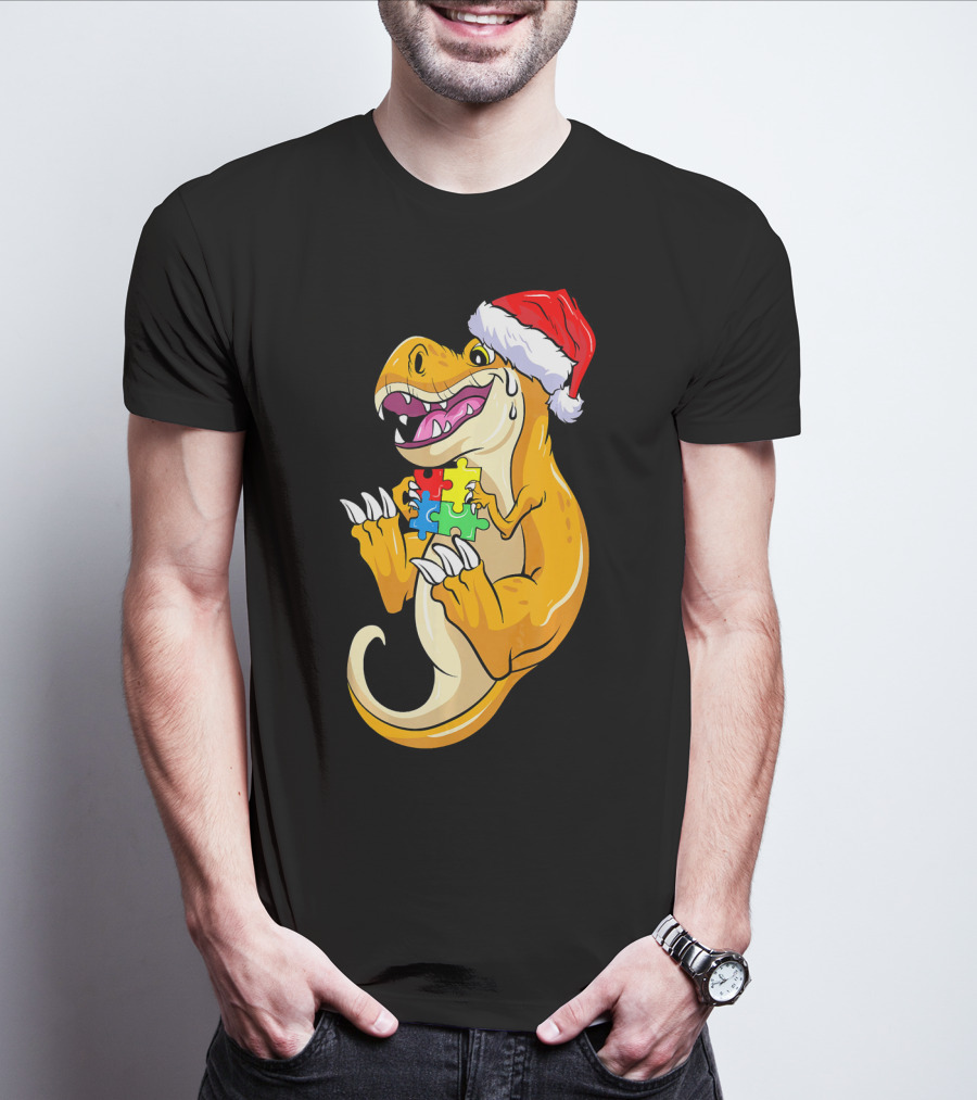 Christmas Autism Awareness Dinosaur Santa Hat Puzzle Pieces T-Shirt