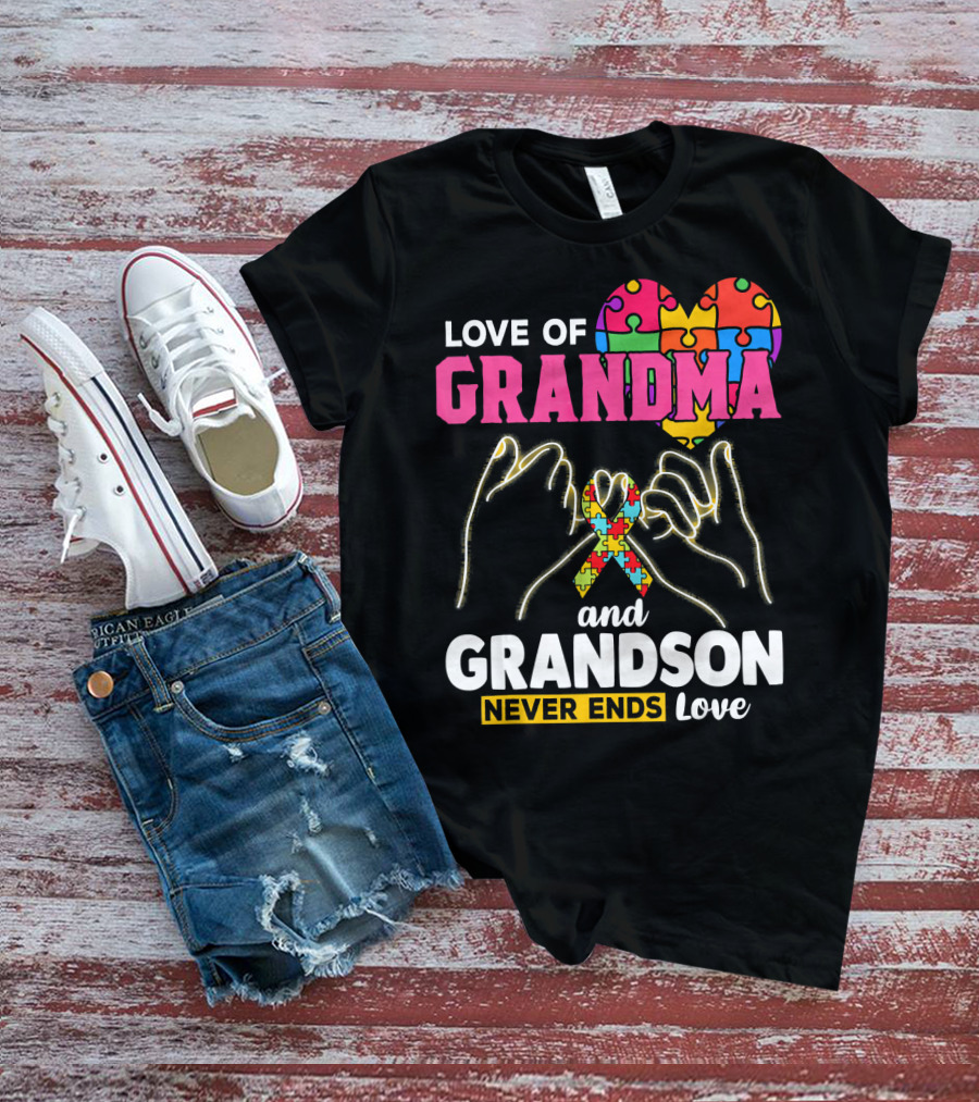Love Of Grandma And Grandson Never Ends Love Puzzle Heart Hands T-Shirt