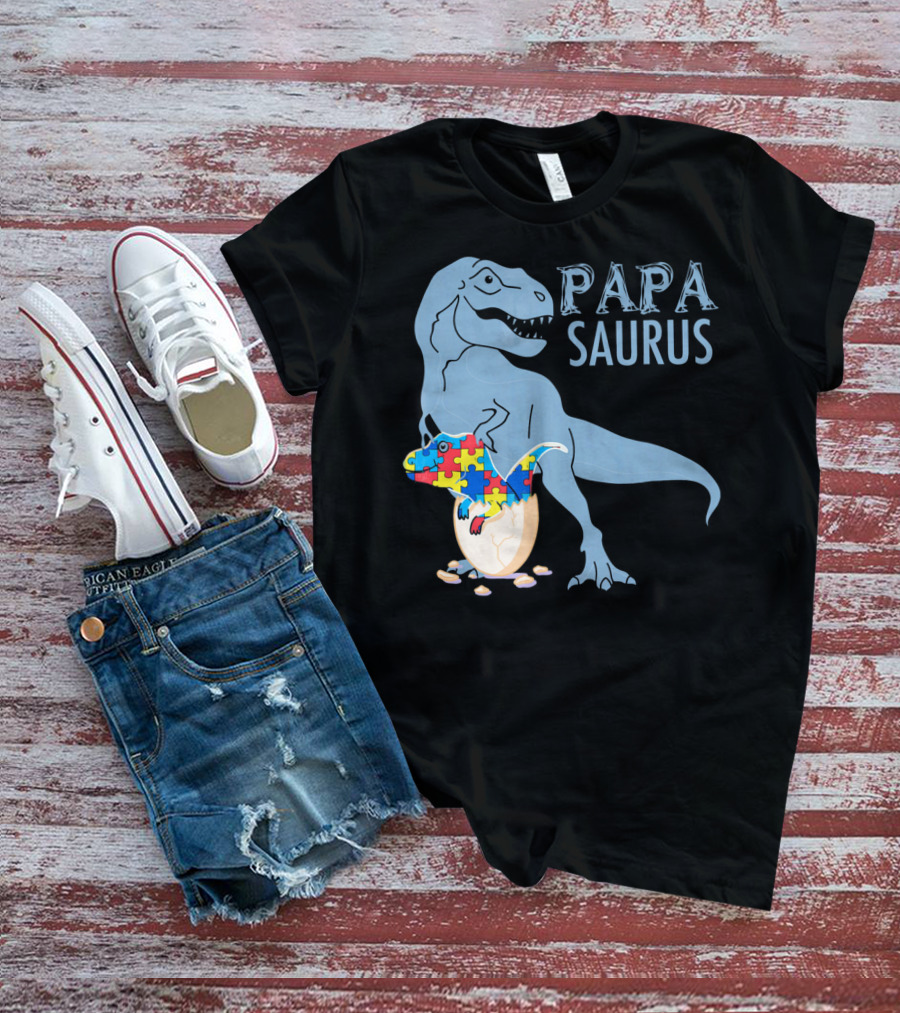 Papasaurus Autism Awareness Dinosaur Puzzle Pieces T-Shirt