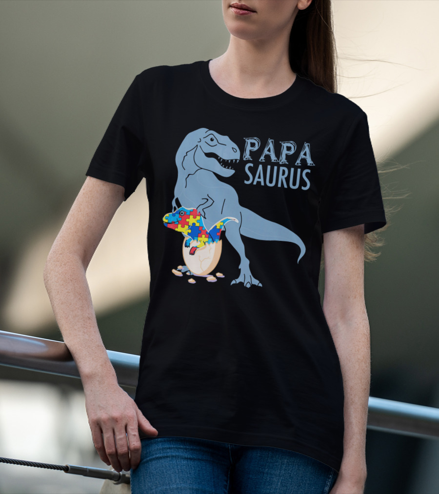 Papasaurus Autism Awareness Dinosaur Puzzle Pieces T-Shirt