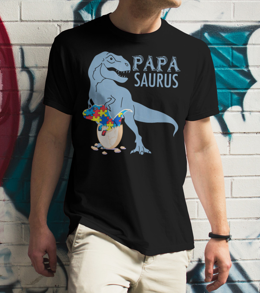 Papasaurus Autism Awareness Dinosaur Puzzle Pieces T-Shirt