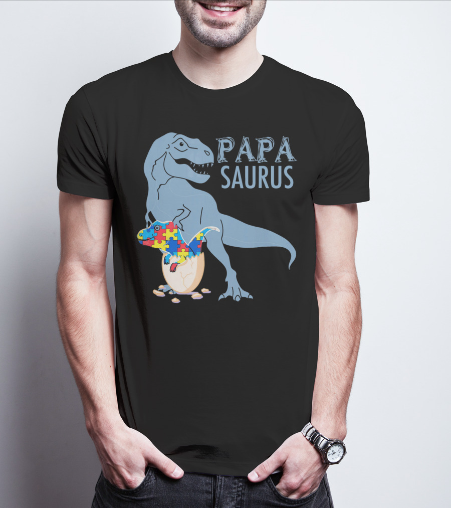 Papasaurus Autism Awareness Dinosaur Puzzle Pieces T-Shirt