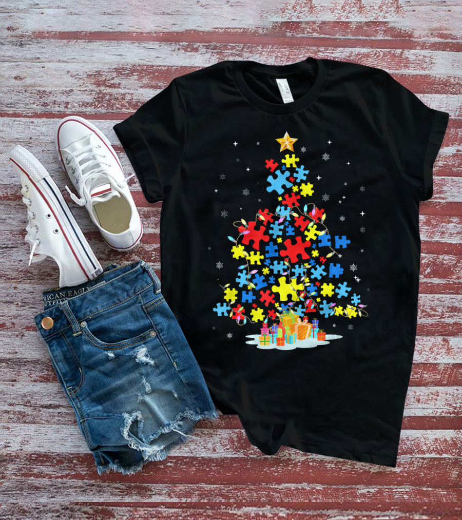 Puzzle Piece Autism Awareness Christmas Tree T-Shirt