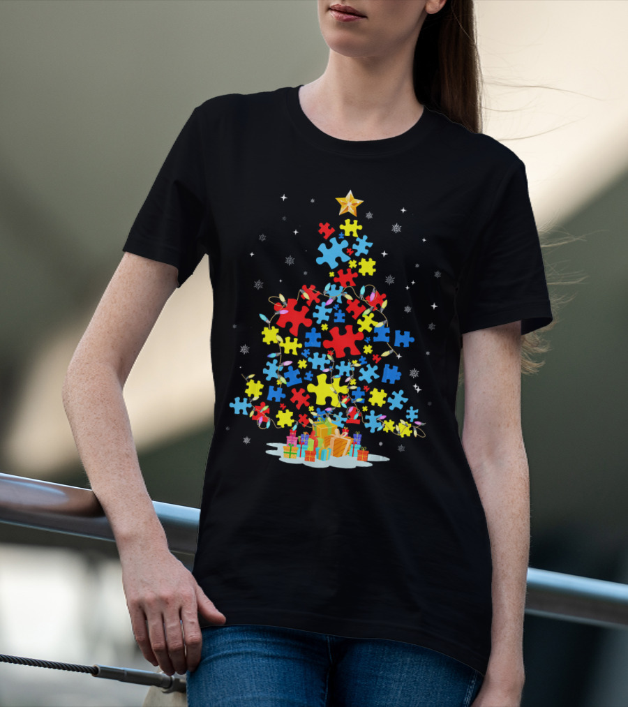 Puzzle Piece Autism Awareness Christmas Tree T-Shirt