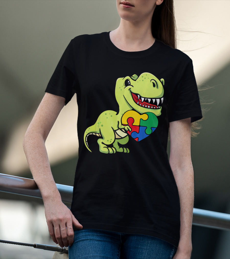 Autism Awareness Day Dinosaur T-Rex Holding Puzzle Heart T-Shirt