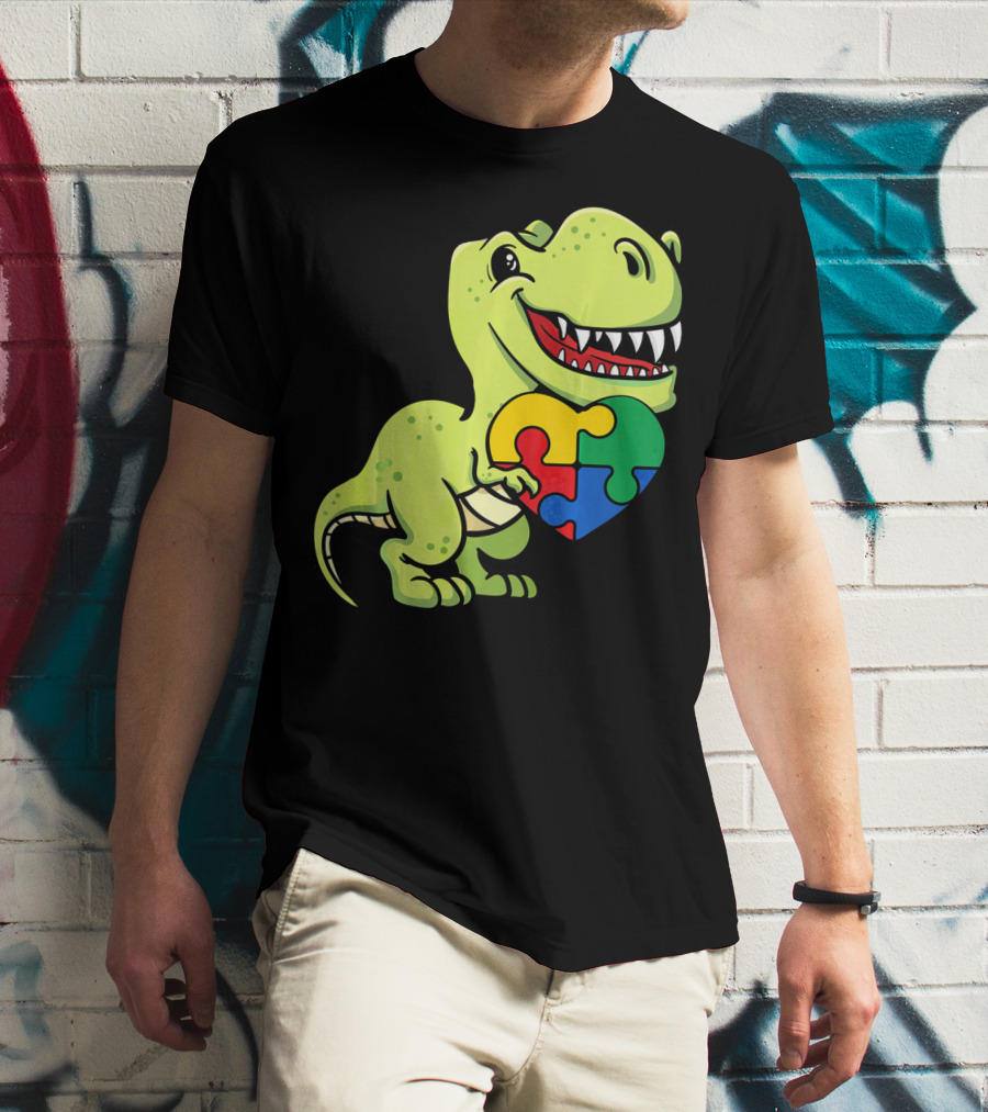 Autism Awareness Day Dinosaur T-Rex Holding Puzzle Heart T-Shirt
