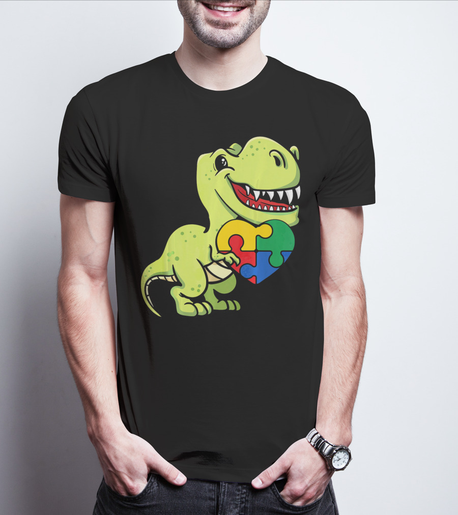 Autism Awareness Day Dinosaur T-Rex Holding Puzzle Heart T-Shirt