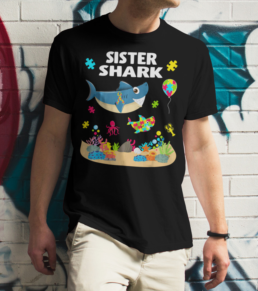 Sister Shark Autism Awareness Puzzle Pieces Ocean T-Shirt