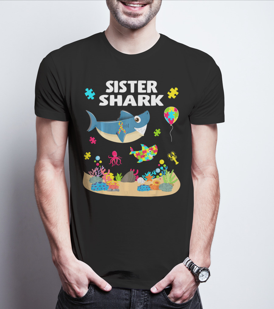 Sister Shark Autism Awareness Puzzle Pieces Ocean T-Shirt