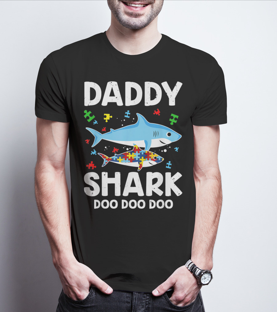 Daddy Shark Doo Doo Doo Autism Awareness Puzzle Piece T-Shirt