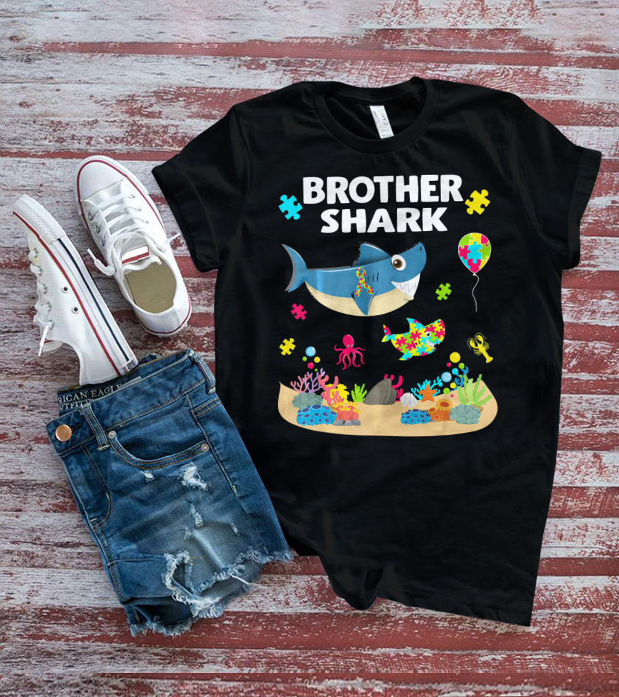 Brother Shark Autism Awareness Puzzle Underwater Scene T-Shirt