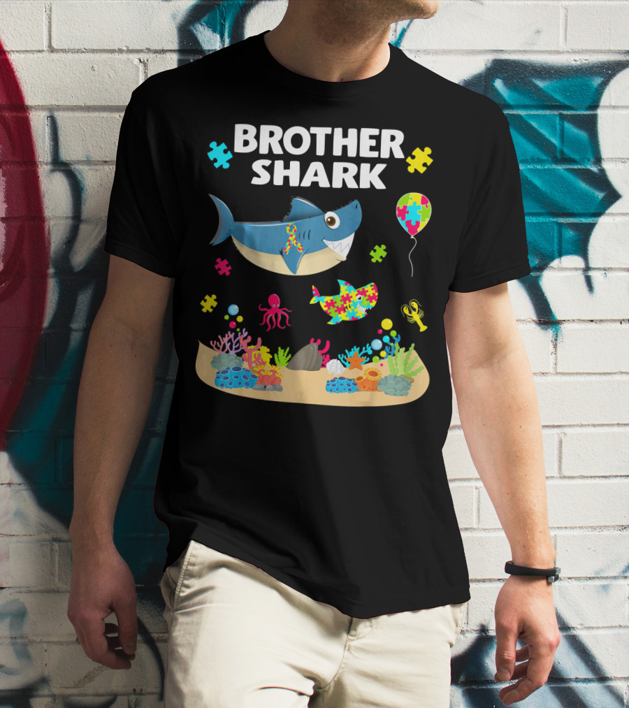 Brother Shark Autism Awareness Puzzle Underwater Scene T-Shirt