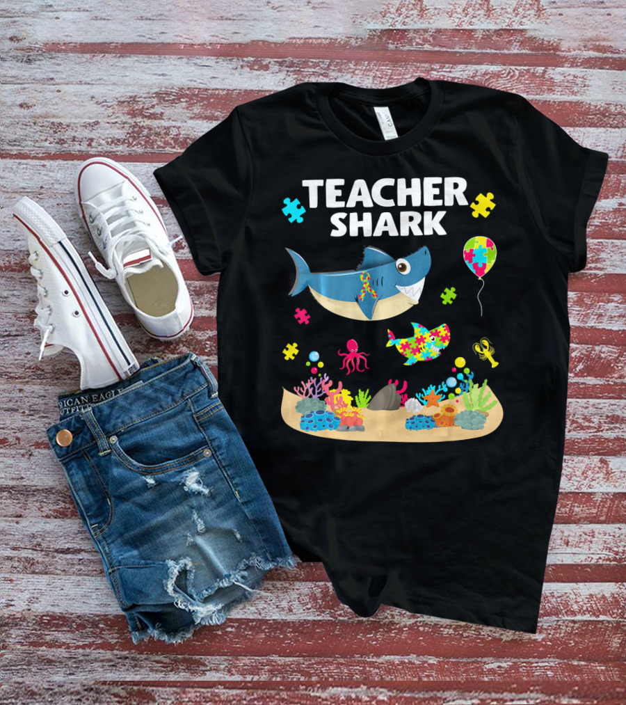 Teacher Shark Autism Awareness Ocean Puzzle Balloon Coral T-Shirt
