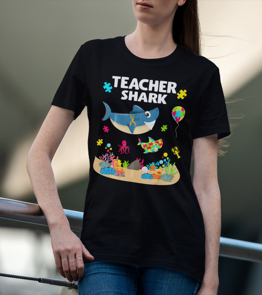 Teacher Shark Autism Awareness Ocean Puzzle Balloon Coral T-Shirt