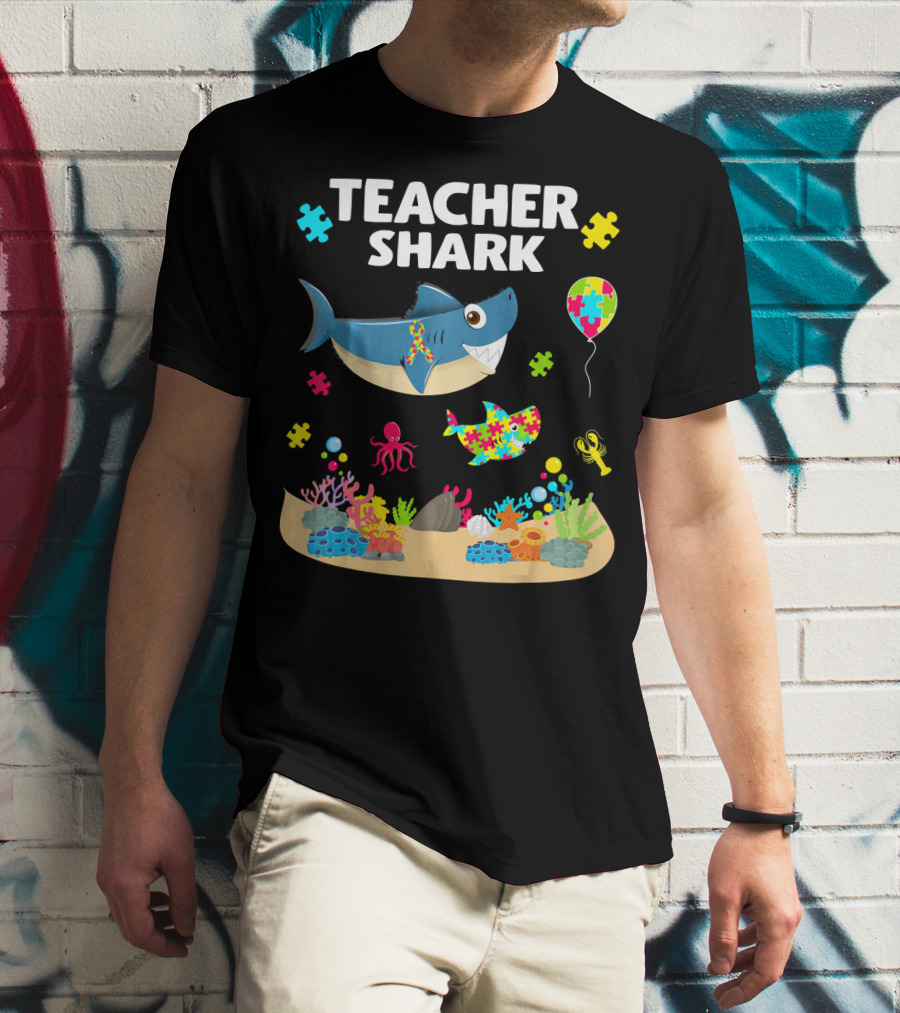 Teacher Shark Autism Awareness Ocean Puzzle Balloon Coral T-Shirt