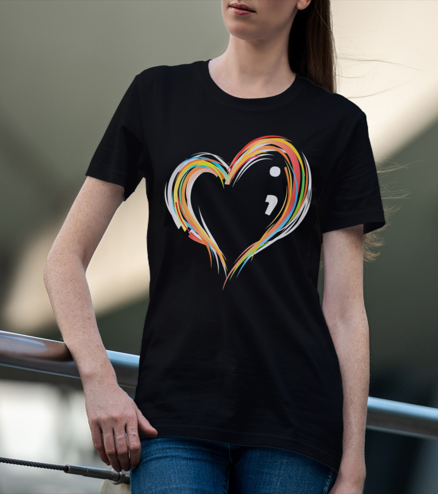 Heart Semicolon Rainbow Design For Mental Health Awareness T-Shirt