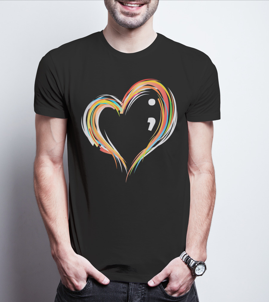 Heart Semicolon Rainbow Design For Mental Health Awareness T-Shirt