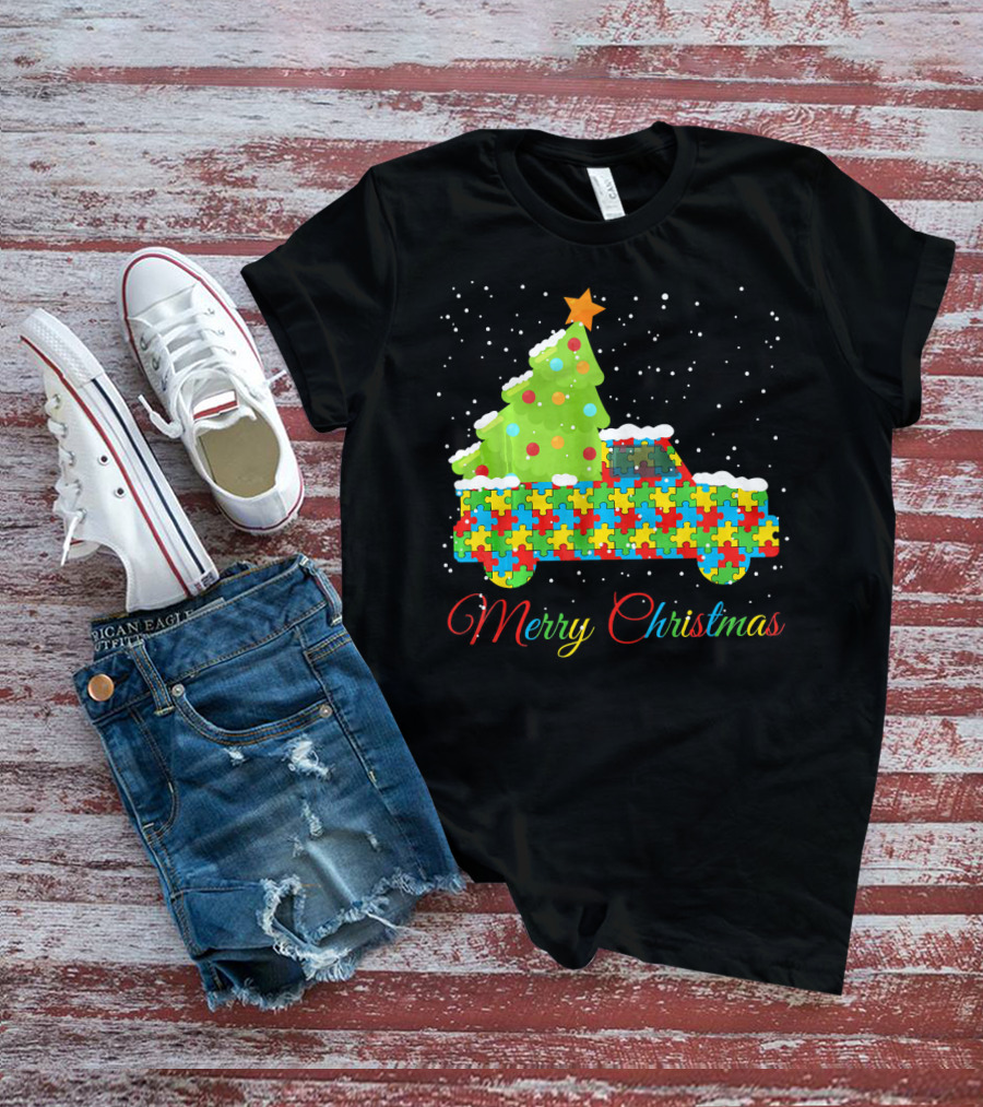 Merry Christmas Puzzle Truck Autism Awareness T-Shirt