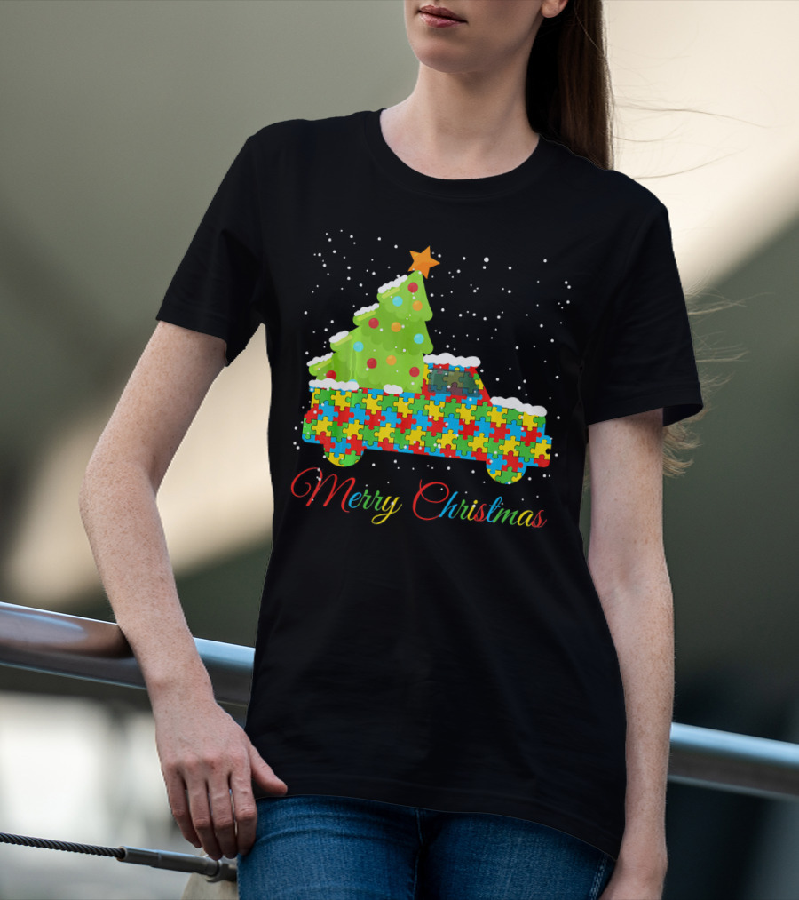 Merry Christmas Puzzle Truck Autism Awareness T-Shirt