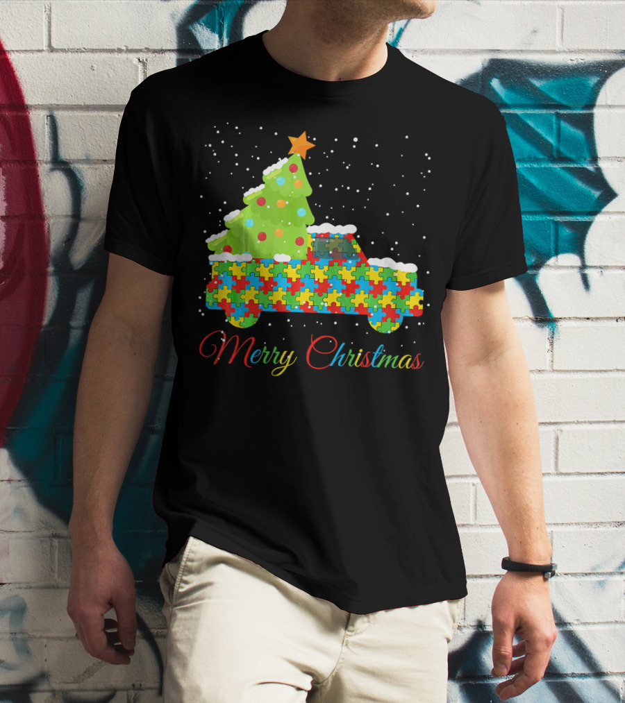 Merry Christmas Puzzle Truck Autism Awareness T-Shirt