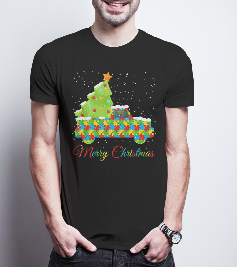 Merry Christmas Puzzle Truck Autism Awareness T-Shirt