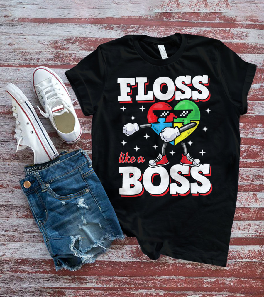 Floss Like A Boss Autism Awareness Heart With Cool Sunglasses T-Shirt